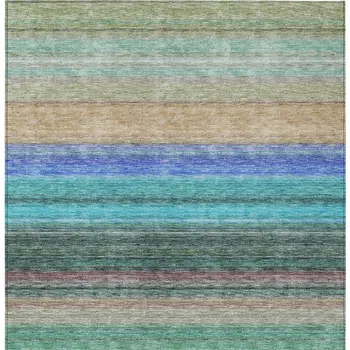 10' X 14' Sage Teal Blue And Tan Striped Washable Indoor Outdoor Area Rug
