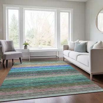 10' X 14' Sage Teal Blue And Tan Striped Washable Indoor Outdoor Area Rug