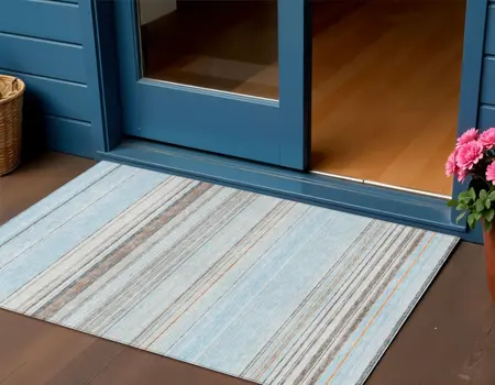 3' X 5' Sky Blue Gray And Beige Striped Washable Indoor Outdoor Area Rug