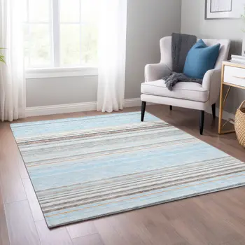 3' X 5' Sky Blue Gray And Beige Striped Washable Indoor Outdoor Area Rug