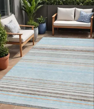 5' X 8' Sky Blue Gray And Beige Striped Washable Indoor Outdoor Area Rug