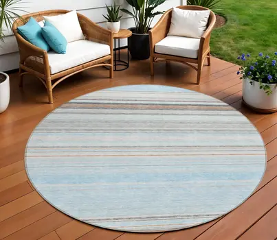 8' Sky Blue Gray And Beige Round Striped Washable Indoor Outdoor Area Rug
