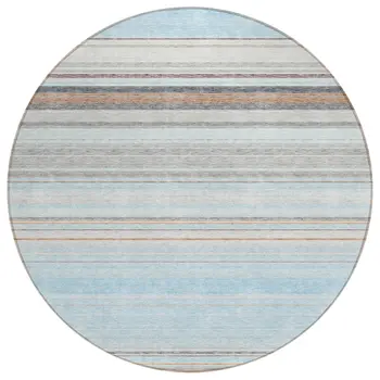 8' Sky Blue Gray And Beige Round Striped Washable Indoor Outdoor Area Rug