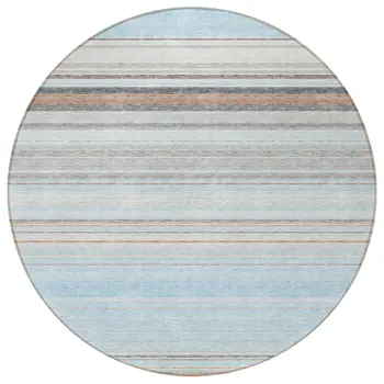 8' Sky Blue Gray And Beige Round Striped Washable Indoor Outdoor Area Rug