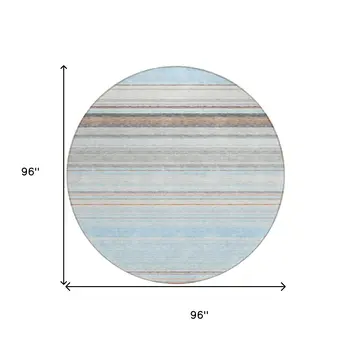 8' Sky Blue Gray And Beige Round Striped Washable Indoor Outdoor Area Rug
