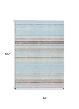 8' X 10' Sky Blue Gray And Beige Striped Washable Indoor Outdoor Area Rug