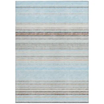 10' X 14' Sky Blue Gray And Beige Striped Washable Indoor Outdoor Area Rug