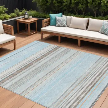 10' X 14' Sky Blue Gray And Beige Striped Washable Indoor Outdoor Area Rug