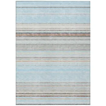 10' X 14' Sky Blue Gray And Beige Striped Washable Indoor Outdoor Area Rug