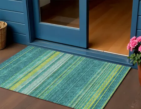 3' X 5' Teal Blue Lime Green And Turquoise Striped Washable Indoor Outdoor Area Rug