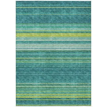 3' X 5' Teal Blue Lime Green And Turquoise Striped Washable Indoor Outdoor Area Rug
