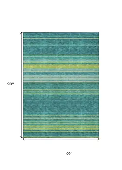 5' X 8' Teal Blue Lime Green And Turquoise Striped Washable Indoor Outdoor Area Rug