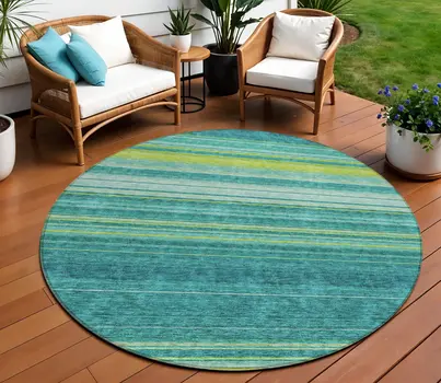 8' Teal Blue Lime Green And Turquoise Round Striped Washable Indoor Outdoor Area Rug