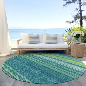 8' Teal Blue Lime Green And Turquoise Round Striped Washable Indoor Outdoor Area Rug