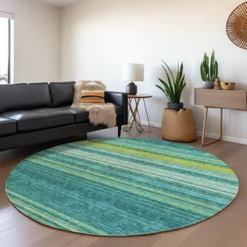 8' Teal Blue Lime Green And Turquoise Round Striped Washable Indoor Outdoor Area Rug