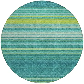 8' Teal Blue Lime Green And Turquoise Round Striped Washable Indoor Outdoor Area Rug
