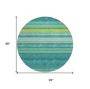 8' Teal Blue Lime Green And Turquoise Round Striped Washable Indoor Outdoor Area Rug