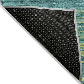 9' X 12' Teal Blue Lime Green And Turquoise Striped Washable Indoor Outdoor Area Rug