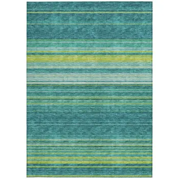10' X 14' Teal Blue Lime Green And Turquoise Striped Washable Indoor Outdoor Area Rug