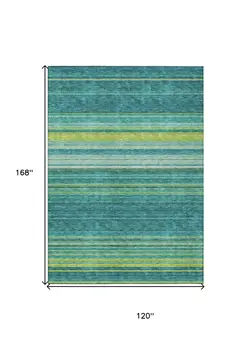 10' X 14' Teal Blue Lime Green And Turquoise Striped Washable Indoor Outdoor Area Rug
