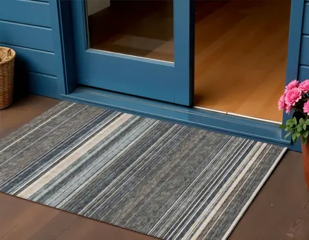 3' X 5' Taupe Beige And Pewter Striped Washable Indoor Outdoor Area Rug