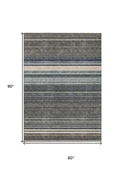5' X 8' Taupe Beige And Pewter Striped Washable Indoor Outdoor Area Rug
