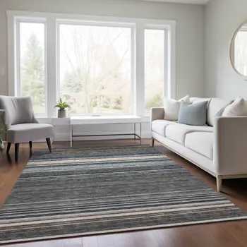 5' X 8' Taupe Beige And Pewter Striped Washable Indoor Outdoor Area Rug