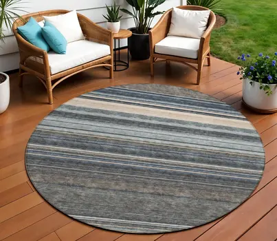 8' Taupe Beige And Pewter Round Striped Washable Indoor Outdoor Area Rug