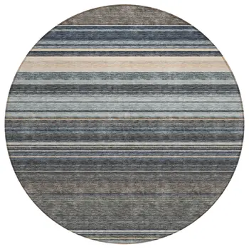 8' Taupe Beige And Pewter Round Striped Washable Indoor Outdoor Area Rug