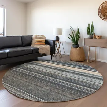 8' Taupe Beige And Pewter Round Striped Washable Indoor Outdoor Area Rug