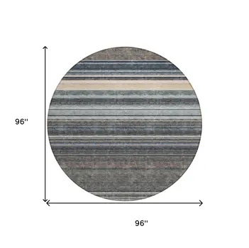 8' Taupe Beige And Pewter Round Striped Washable Indoor Outdoor Area Rug