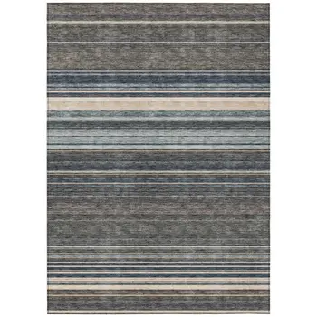 9' X 12' Taupe Beige And Pewter Striped Washable Indoor Outdoor Area Rug
