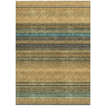 3' X 5' Wheat Brown And Teal Blue Striped Washable Indoor Outdoor Area Rug