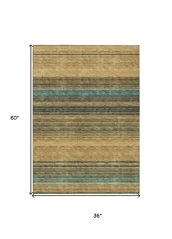 3' X 5' Wheat Brown And Teal Blue Striped Washable Indoor Outdoor Area Rug