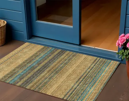 3' X 5' Wheat Brown And Teal Blue Striped Washable Indoor Outdoor Area Rug
