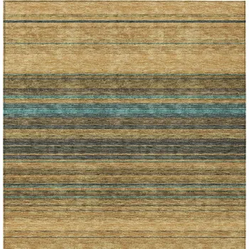 3' X 5' Wheat Brown And Teal Blue Striped Washable Indoor Outdoor Area Rug