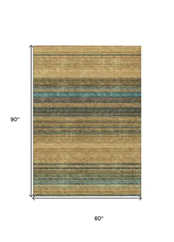 5' X 8' Wheat Brown And Teal Blue Striped Washable Indoor Outdoor Area Rug