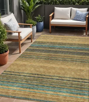 5' X 8' Wheat Brown And Teal Blue Striped Washable Indoor Outdoor Area Rug