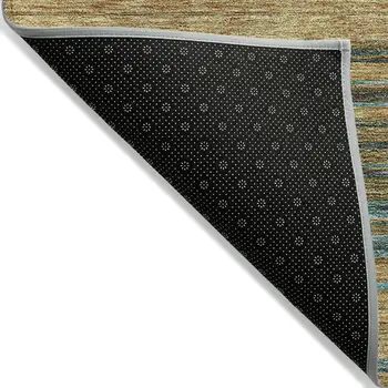 5' X 8' Wheat Brown And Teal Blue Striped Washable Indoor Outdoor Area Rug