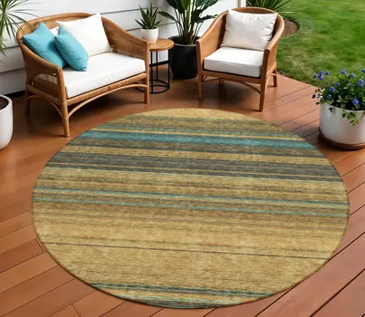 8' Wheat Brown And Teal Blue Round Striped Washable Indoor Outdoor Area Rug