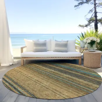 8' Wheat Brown And Teal Blue Round Striped Washable Indoor Outdoor Area Rug