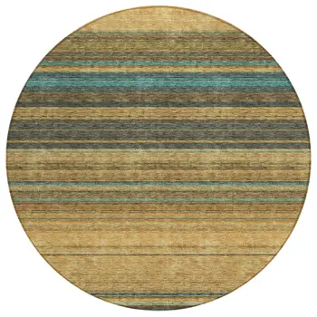 8' Wheat Brown And Teal Blue Round Striped Washable Indoor Outdoor Area Rug