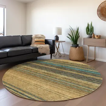8' Wheat Brown And Teal Blue Round Striped Washable Indoor Outdoor Area Rug