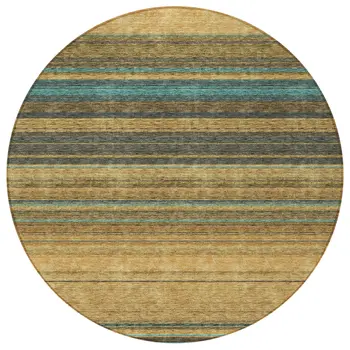 8' Wheat Brown And Teal Blue Round Striped Washable Indoor Outdoor Area Rug
