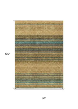 8' X 10' Wheat Brown And Teal Blue Striped Washable Indoor Outdoor Area Rug