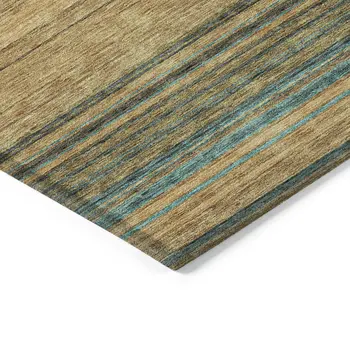 9' X 12' Wheat Brown And Teal Blue Striped Washable Indoor Outdoor Area Rug