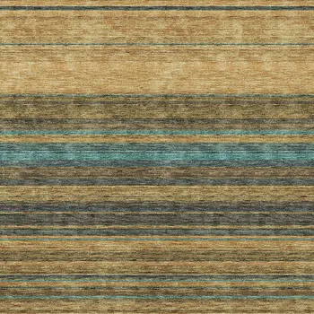 9' X 12' Wheat Brown And Teal Blue Striped Washable Indoor Outdoor Area Rug