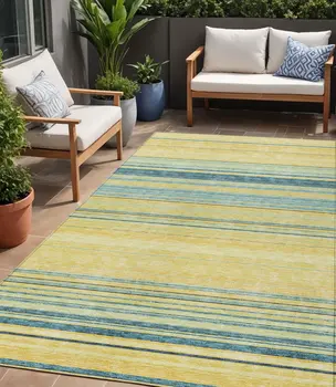 5' X 8' Yellow Denim Blue And Sky Blue Striped Washable Indoor Outdoor Area Rug