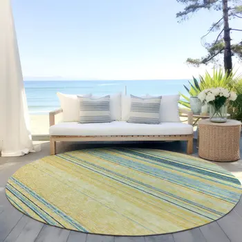 8' Yellow Denim Blue And Sky Blue Round Striped Washable Indoor Outdoor Area Rug