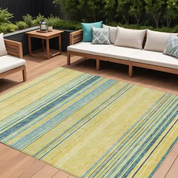 9' X 12' Yellow Denim Blue And Sky Blue Striped Washable Indoor Outdoor Area Rug